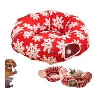 Christmas Dog Bed, Dachshund Tunnel Bed with Plush Donut and Toy Ball (A) | Festive Donut Bed with Christmas Patterns, Hanging Toy Ball and Removable Cushion for Small Dogs and Cats Who Love to Burrow