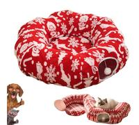 Christmas Dog Bed, Dachshund Tunnel Bed with Plush Donut and Toy Ball (C) | Festive Donut Bed with Christmas Patterns, Hanging Toy Ball and Removable Cushion for Small Dogs and Cats Who Love to Burrow