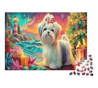 Christmas Dog Rompecabezas de Papel Grueso Shih Tzu con Lazo en Escena Costera navideña, Pack Juego Decorativo para la Familia 70x50cm/1000 Piezas