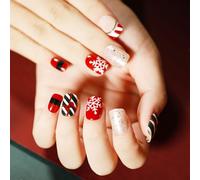 Christmas False Nails Snow Elk Press on Nails Red Stick on Nails Short Square Fake Nails Full Cover 24pcs for Women and Girls (Color : Red, Size : 4)