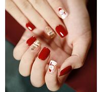 Christmas False Nails Snow Elk Press on Nails Red Stick on Nails Short Square Fake Nails Full Cover 24pcs for Women and Girls (Color : Red, Size : 2)