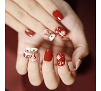 Christmas False Nails Snow Elk Press on Nails Red Stick on Nails Short Square Fake Nails Full Cover 24pcs for Women and Girls (Color : Red, Size : 1)