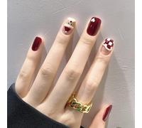 Christmas False Nails Snow Elk Press on Nails Red Stick on Nails Short Square Fake Nails Full Cover 24pcs for Women and Girls (Color : Red, Size : 7)