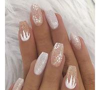 Christmas False Nails Snow Press on Nails Glitter Stick on Nails Ballerina Acrylic Short Fake Nails 24pcs for Women and Girls(24 Count (Pack of 1))