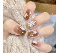 Christmas False Nails Snow Press on Nails Glitter Stick on Nails Ballerina Acrylic Short Fake Nails 24pcs for Women and Girls(E)