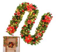 Christmas Garland with Lights, Prelit Christmas Garland, 9Ft LED Garland, Battery Operated Garland, Red Flower Garland, Christmas Window Decor, Artificial Holiday Garland for Home