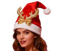 Christmas Hat - Plush Christmas Hats, Santa Hat For Unisex, Soft Party Headwear With Reindeer Antlers | Santa Hats Fors Unisex Adults For Women Boys Girls Youth Teens Birthday Holiday New Year
