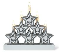 Christmas Haus - Puente de madera natural con luces LED, 5 velas, decoración de arco con estrellas, funciona con pilas]