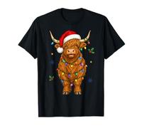 Christmas Highland Cow Santa Hat Holiday Lights Cute Camiseta
