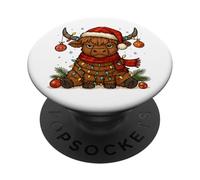 Christmas Highland Cow Tangled Lights Funny Holiday PopSockets PopGrip Adhesivo