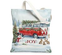 Christmas Joy - Bolsa de lona con cita de autobús vintage, 33 x 38 cm | Escena de invierno fantástica, fondo de bosque nevado, decoración festiva, estética estacional, encantadores animales del
