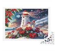 Christmas Lighthouse Scene 100% Recycled Cardboard Festive Lighthouse Night 1000 Piece Jigsaw for Adults Unique Beautiful Decoration Puzzle 52x38cm/1000pcs
