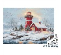 Christmas Lighthouse Scene 100% Recycled Cardboard Red Lighthouse Winter 1000Pc Jigsaw Puzzle Adults Fun Activity for Rainy Days 38x26cm/1000pcs