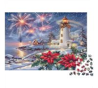 Christmas Lighthouse Scene Colourful Lighthouse with Fireworks 1000 Pcs Puzzle for Adults Beautiful Decoration Puzzle Fun Present 70x50cm/1000pcs