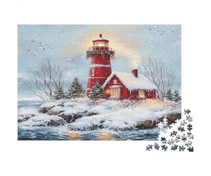 Christmas Lighthouse Scene Colourful Red Lighthouse Winter 1000 Pcs Jigsaws for Adults The Impossible Challenge Brain Development 70x50cm/1000pcs
