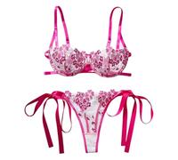 Christmas Lingerie - Conjunto de lencería sexy de encaje floral para mujer, sujetador y bragas de malla bordada transparente Body azul largo, rojo, M