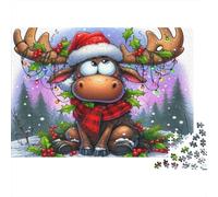 Christmas Moose Cartoon 100% Recycled Cardboard Cartoon Moose in Santa Hat 1000 Piece Jigsaws for Adults Brain Development Classic Games 38x26cm/1000pcs