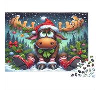 Christmas Moose Cartoon Colourful Cartoon Moose in Santa Hat 1000 Pcs Jigsaws for Adults The Impossible Challenge Brain Development 38x26cm/1000pcs
