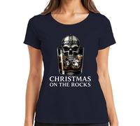 Christmas On The Rocks Whiskey Skull Viking Casco Runas Regalo Camiseta Mujer, azul marino, M