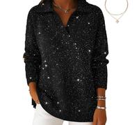 Christmas Party Polo Collar Shiny Loose Sweater Top, Women's Elegant Retro V Neck Sparkly Pullover Sweater (Black,XXL)