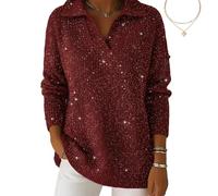 Christmas Party Polo Collar Shiny Loose Sweater Top, Women's Elegant Retro V Neck Sparkly Pullover Sweater (Red,XXL)