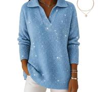 Christmas Party Polo Collar Shiny Loose Sweater Top, Women's Elegant Retro V Neck Sparkly Pullover Sweater (Blue,L)