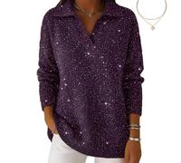Christmas Party Polo Collar Shiny Loose Sweater Top, Women's Elegant Retro V Neck Sparkly Pullover Sweater (Purple,3XL)