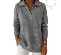 Christmas Party Polo Collar Shiny Loose Sweater Top, Women's Elegant Retro V Neck Sparkly Pullover Sweater (Grey,XL)