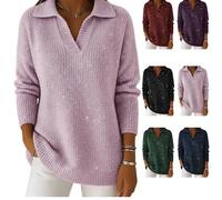 Christmas Party Polo Collar Shiny Loose Sweater Top, Women's Elegant V Neck Long-Sleeved Sparkly Pullover Sweater (Pink,XL)
