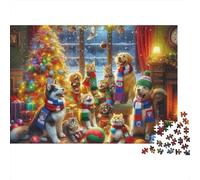 Christmas Pets Party 100% Recycled Cardboard Dogs by Christmas Tree 1000 Piece Jigsaw Puzzles Adults and Children Beautiful Decoration 70x50cm/1000pcs