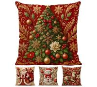 Christmas Pillow Covers - 45x45cm Cover Set, 4-Piece Holiday Cushion Covers | Santa, Elk, Snowman & Christmas Tree Designs with 3D Embroidery Print | Decorative Pillowcases for Couch, Porch, Bedroom,