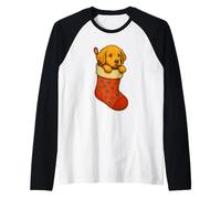 Christmas Puppy in Stocking Cute Holiday Dog Winter Camiseta Manga Raglan