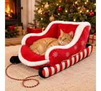 Christmas Sleigh Dog Bed Cat Bed, Festive Insulated Plush Winter Washable Holiday Pet Sofa Nest with Non-Slip Bottom and Puppy Cushion, Comfortable Soft, for Small & Large Pets, Cat, Dog (Red,L)