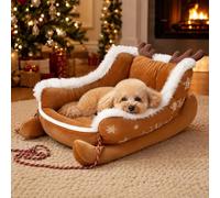 Christmas Sleigh Dog Bed Cat Bed, Festive Insulated Plush Winter Washable Holiday Pet Sofa Nest with Non-Slip Bottom and Puppy Cushion, Comfortable Soft, for Small & Large Pets, Cat, Dog (Yellow,L)