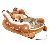 Christmas Sleigh Dog Bed, Festive Plush Cosy Dog Bed, Soft Plush Winter Washable Holiday Pet Mat, Cozy Christmas Lounge for Small & Large Pets (Brown,M)