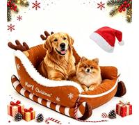 Christmas Sleigh Dog Bed, Plush Washable Nest for Cats & Dogs (Brown,S)