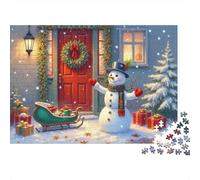 Christmas Snowman Scene Colourful Snowman at Red Door 1000 Pcs Adult Jigsaws Classic Educational Games Brain Development 52x38cm/1000pcs