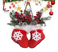 Christmas Stocking Wreath Indoor with LED Lights - Sparkling Stocking Door Wreath con bayas rojas, conos de pino y ramas artificiales de pino para decoraciones de manto, casa de granja, ventana y