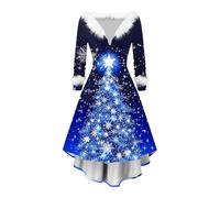 Christmas Sweater Dress for Women Funny Printed Flowing Dress Long Sleeve Plush V Neck High Waist A Line Midi Dresses