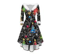 Christmas Sweater Dress for Women Funny Printed Flowing Dress Long Sleeve Plush V Neck High Waist A Line Midi Dresses