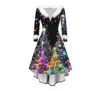 Christmas Sweater Dress for Women Funny Printed Flowing Dress Long Sleeve Plush V Neck High Waist A Line Midi Dresses
