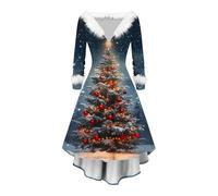 Christmas Sweater Dress for Women Funny Printed Flowing Dress Long Sleeve Plush V Neck High Waist A Line Midi Dresses