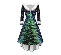Christmas Sweater Dress for Women Funny Printed Flowing Dress Long Sleeve Plush V Neck High Waist A Line Midi Dresses