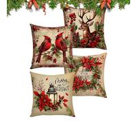 Christmas Throw Pillow Covers - 4 Pieces Linen Red Vintage Pillowcase Set for Holiday Decoration, Cushion Covers for Sofa Couch Chair Bedroom Living Room Office Apartment Dorm Winter Party Décor
