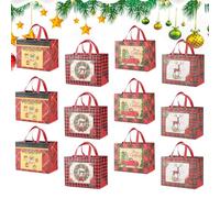 Christmas Tote Bags - 12PCS Large Gift Holder Bags, Reusable Checkered Non-Woven Bag with Handles | Large Waterproof Holiday Shopping Bag for Party Favors, Treats, Candy, Toys, Food, Christmas