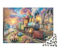 Christmas Train Rompecabezas de Papel Grueso Tren con Dos Cachorros en Pueblo Colorido, Pack Regalo de Rompecabezas contra el aburrimiento 52x38cm/1000 Piezas