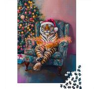 Christmas Tree Christmas Tiger 1000 Pieces Paper Jigsaw Puzzle for Adults Thick Paper Educational Festive Animal Puzzle Home Decor 70x50cm/1000pcs