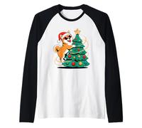 Christmas Tree Japanese Shiba Inu Sunglasses Camiseta Manga Raglan