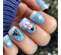 Christmas Tree Snowflake Blue Press On Nails 24pcs False Nails With Snowman Design Easy To Apply ABS Construction Snowman Snowflake Christmas Nail Art Stickers