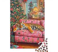 Christmas Tree Tiger Thick Paper Jigsaw 1000 Pieces for Adults Home Decor Vintage Living Room Tiger Puzzle Paper Brain Training 52x38cm/1000pcs